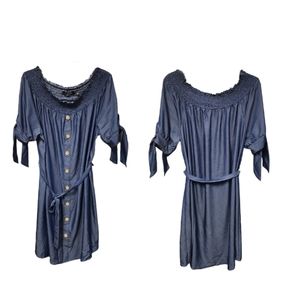 NWT Mlle Gabrielle Blue Denim Casual  Smoked Collar Shirt Dress XL